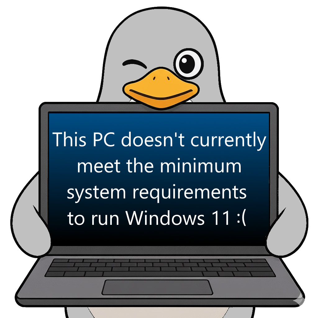 Cartoon penguin holding a laptop with a Windows 11 error message