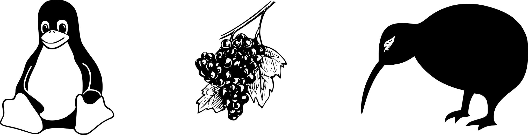 Linux Penguin, Grapes representing Wine software, and a Kiwi bird